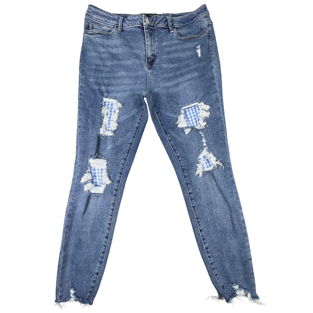 Judy Blue Jeans Womens 15/32 Blue Gingham Patch Skinny Fit Distressed